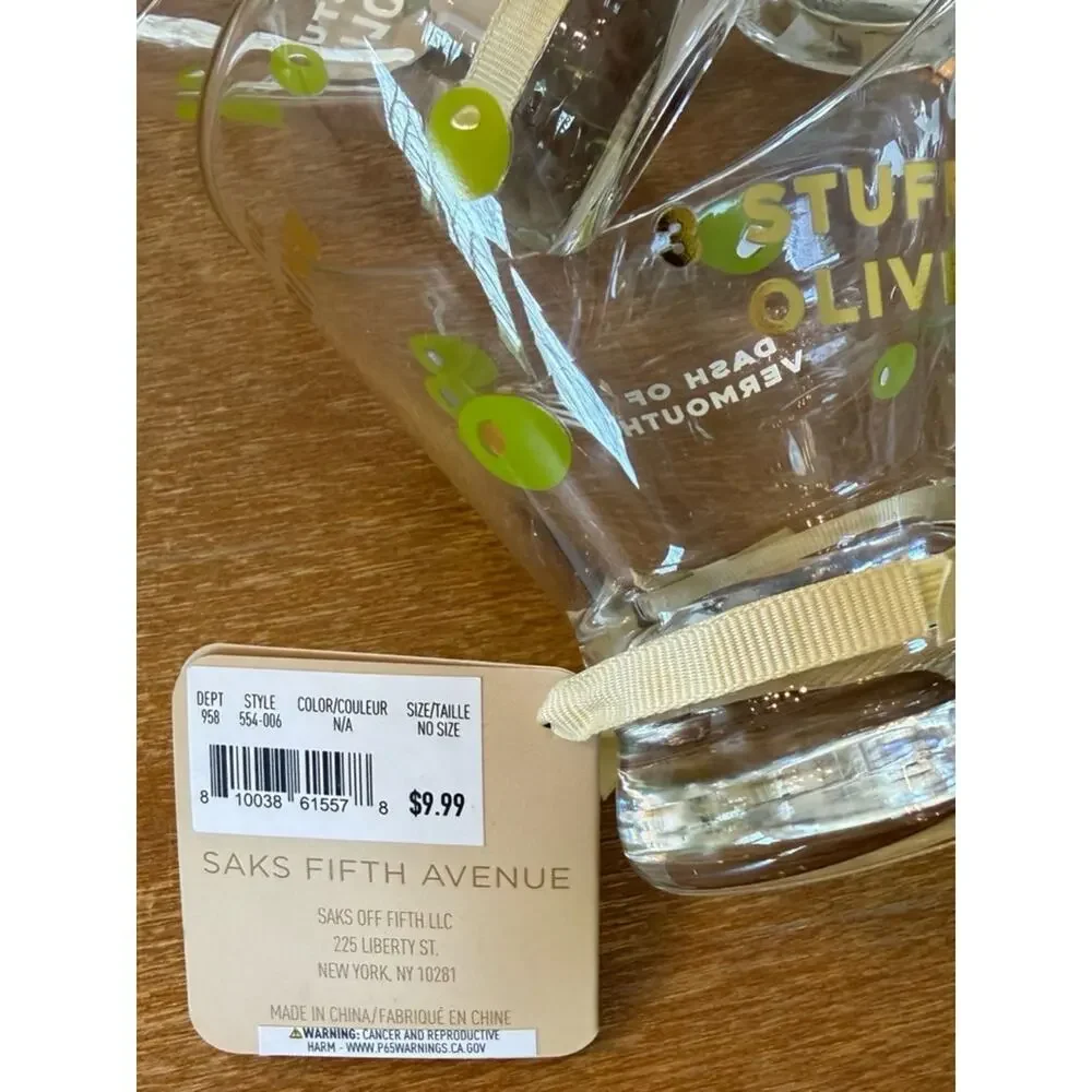 RARE Saks Fifth Ave Martini Glass Set Olive Print 4pc NWT